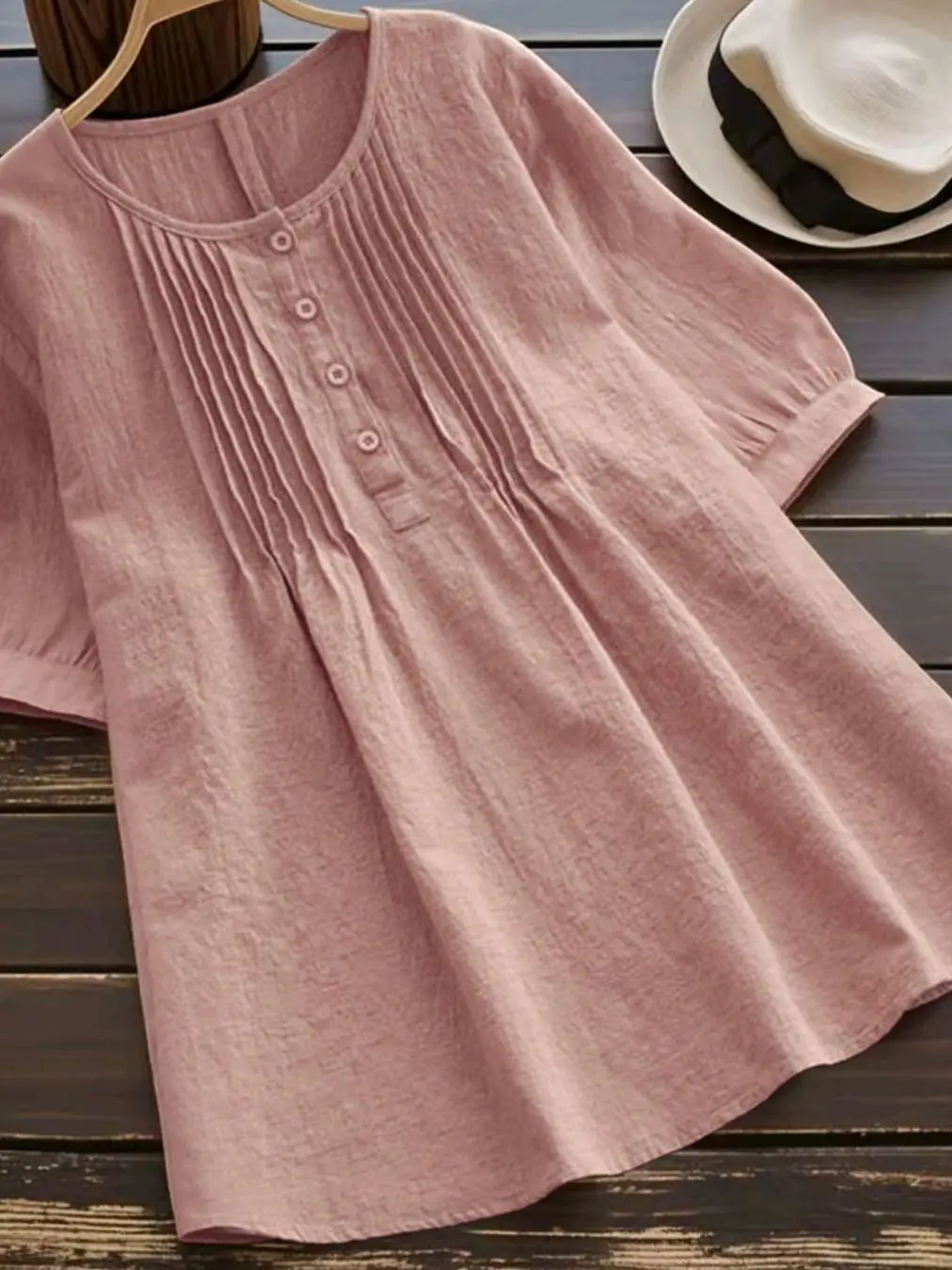 

Loose Cotton Linen round Neck Short Sleeve Casual Women's Shirt Summer New Style Slimming Fashionable Folded up Top