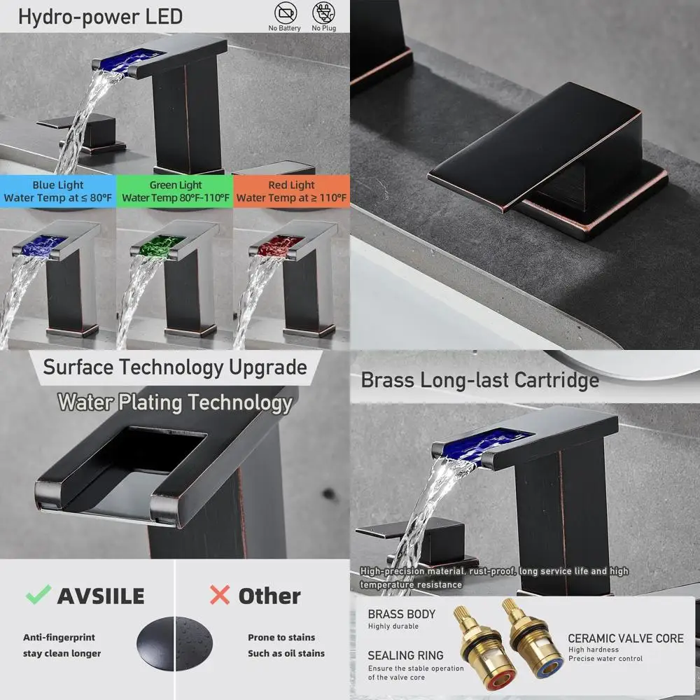 

8 Widespread Oil Rubbed Bronze Waterfall 3-Hole Modern Touch Bathroom Sink Faucet & Handles