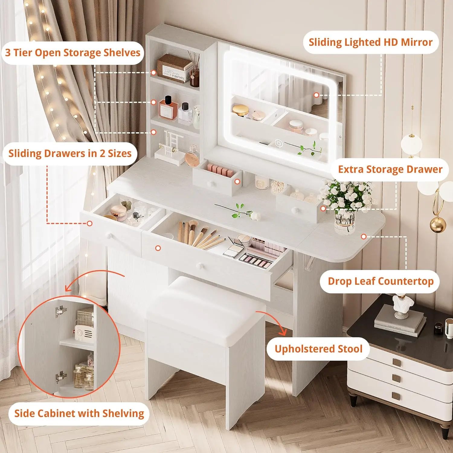 LIKIMIO Vanity Desk with Drawers & LED Lighted Mirror & Power Outlet & Cabinet, Storage Stool, Stylish Bedroom Makeup Table Set,