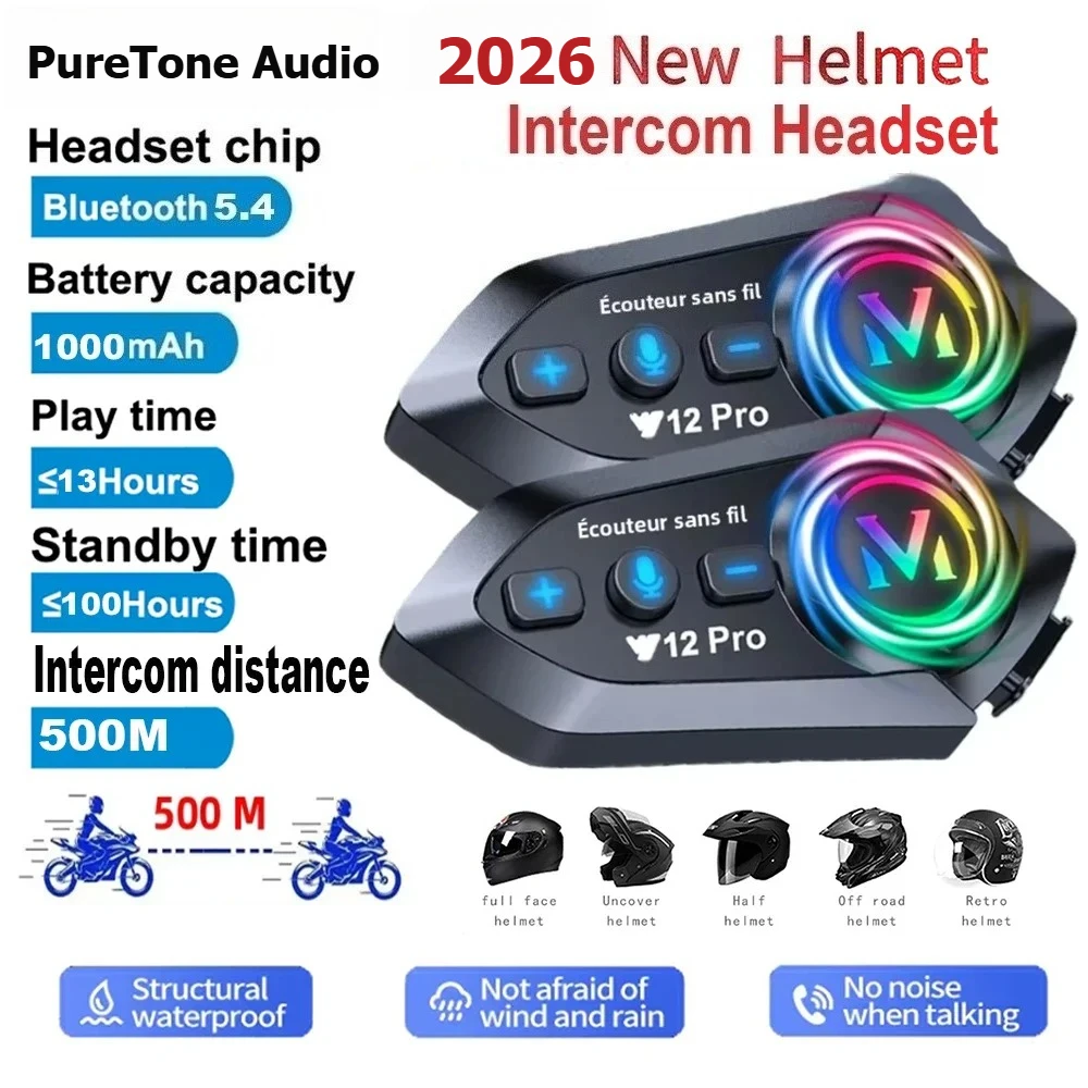 Y12 Pro Dual Mic Motorcycle Helmet Intercom Headset Wireless Hands-free Call Waterproof Music Player Speaker FM Radio Earphone