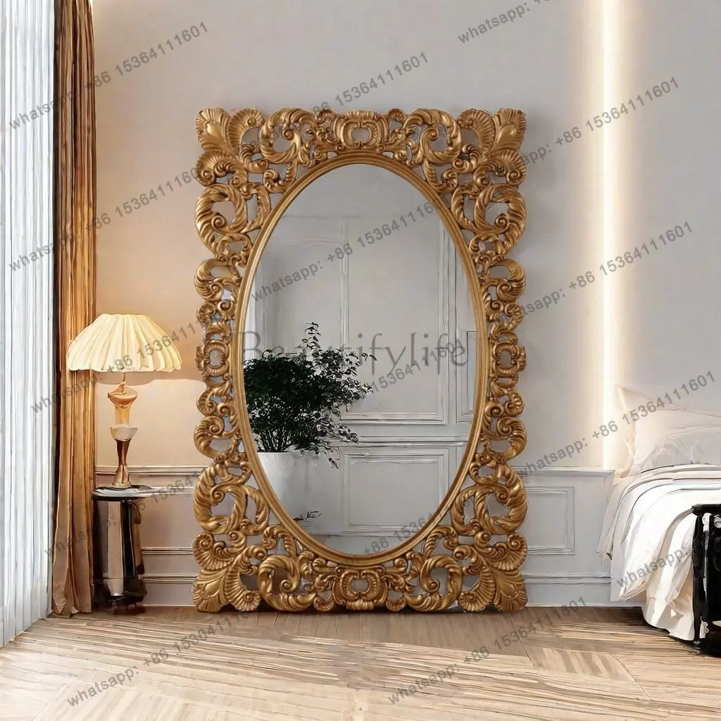 

French luxury full body mirror retro carved floor mirror villa