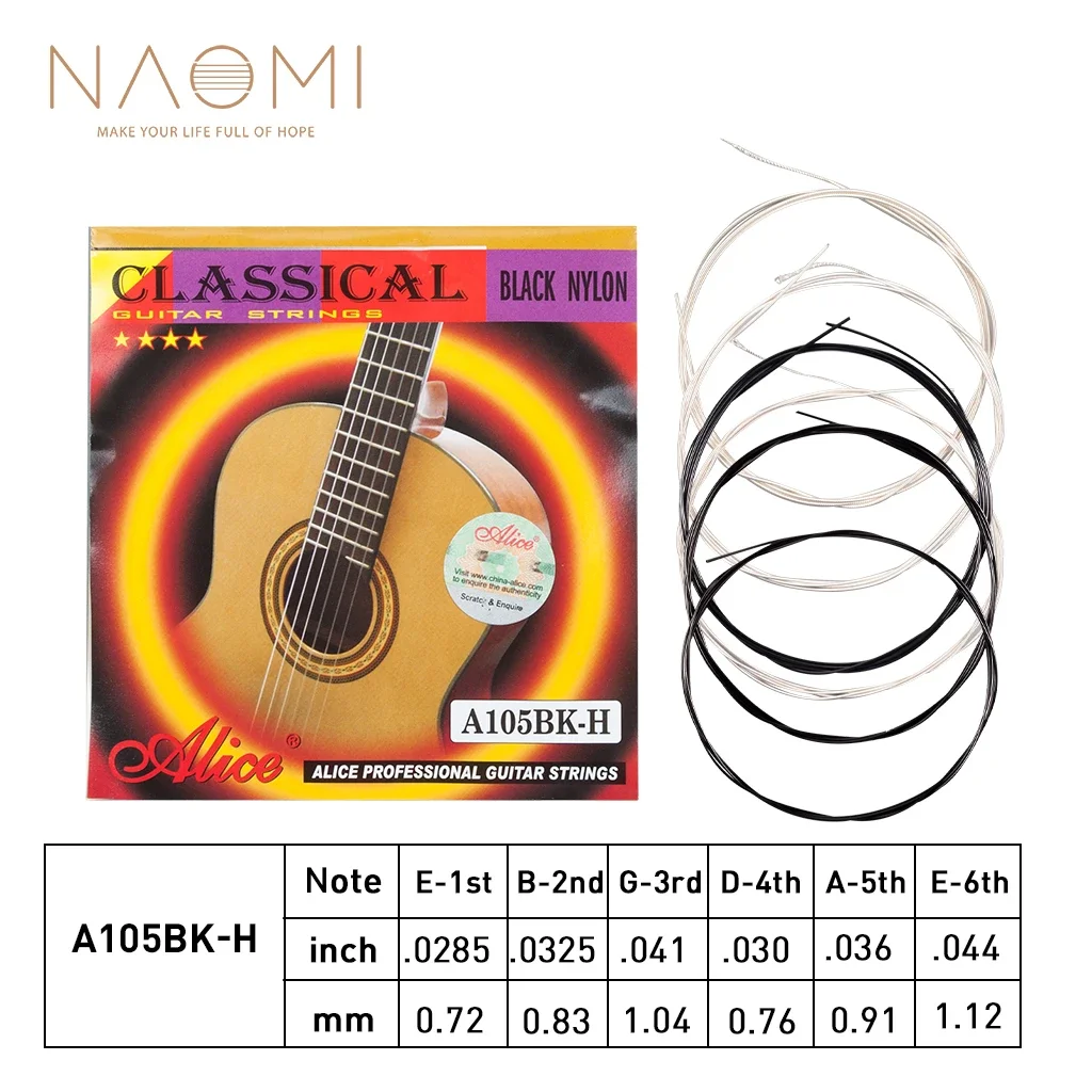 NAOMI 1 SET Alice Series black nylon Classical guitar strings A105BK-H Nylon Core Siver-Plated Copper Alloy Winding