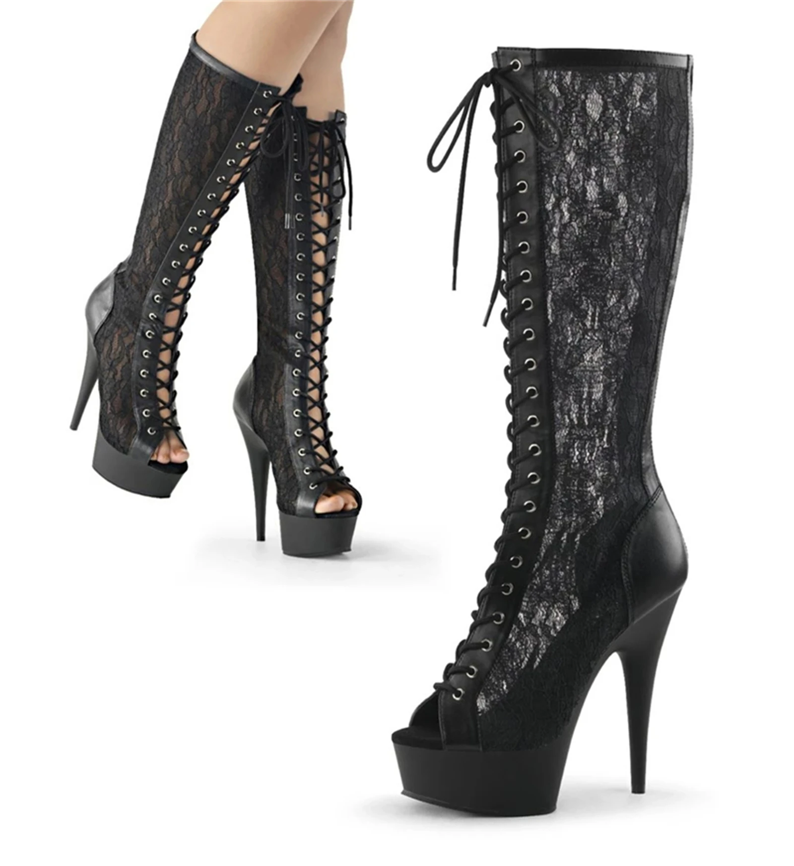 15CM Black Lace Thigh Boots, Sheer Cut-Out Platform Heels with Lace-Up Detail & Stiletto, Gothic Romantic Statement Shoes​