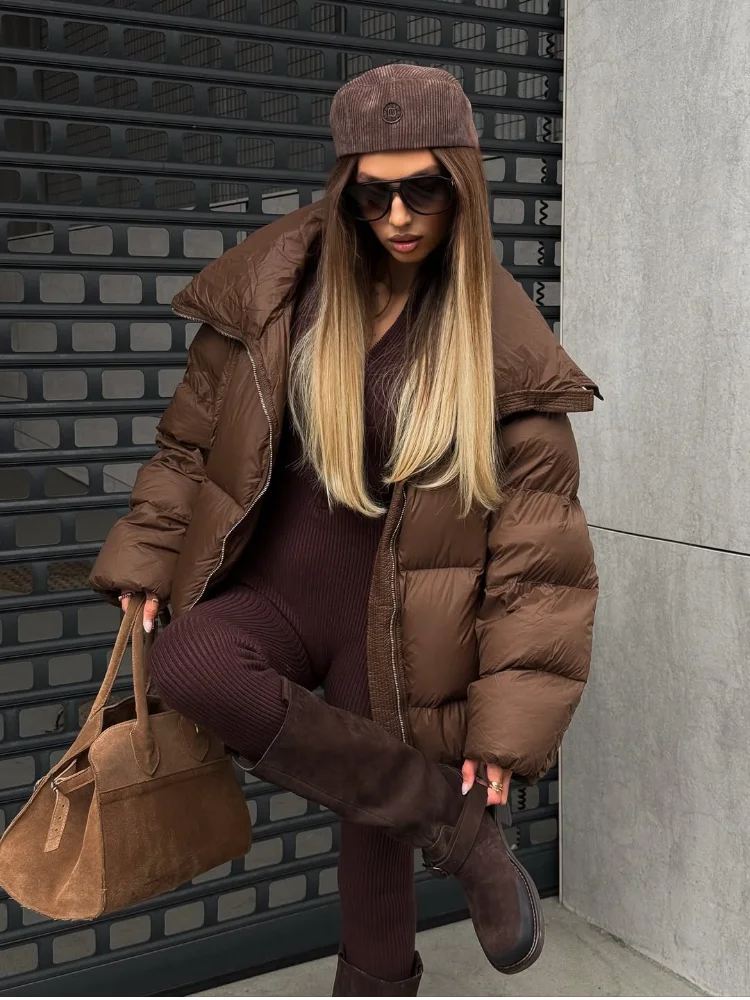 Cappotto da donna in cotone allentato marrone addensato Casual con cerniera con risvolto Tasca a maniche lunghe Capispalla caldi Cappotti da ufficio per pendolari invernali da donna