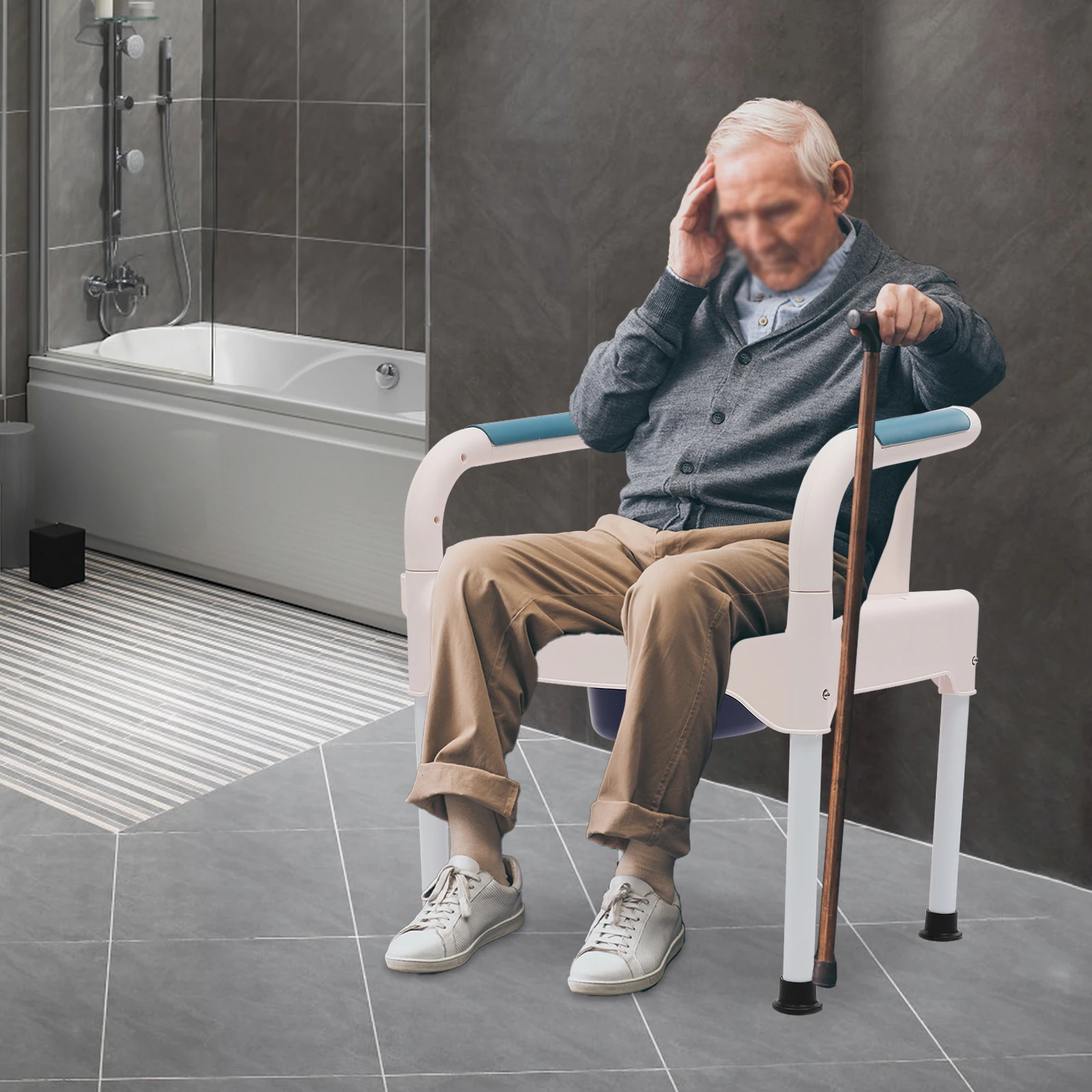 مرحاض محمول بجانب السرير للبالغين، كرسي صوان قابل للطي مع حامل مناديل دلاء مزدوج للعناية الكبار