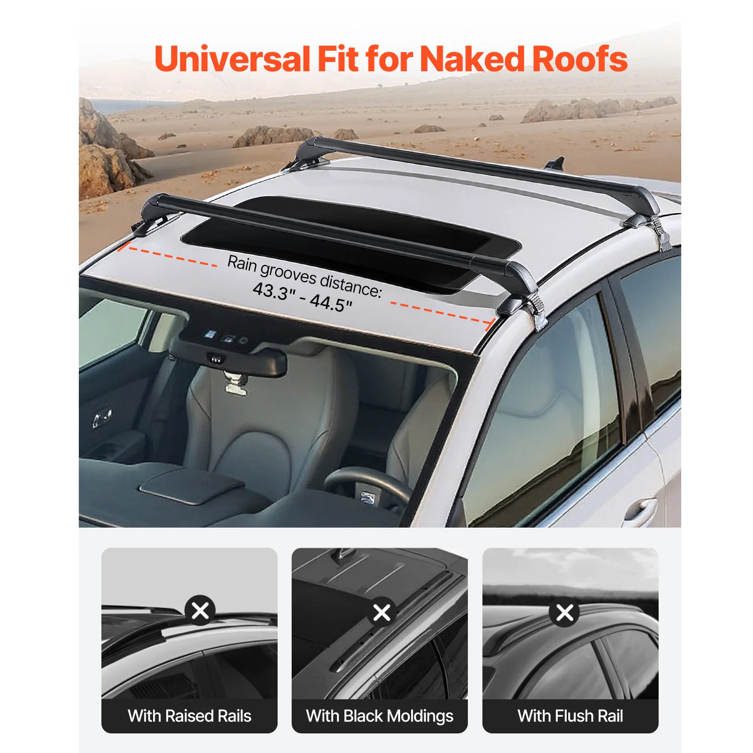 SucceBuy Roof Rack Cross Bars Universal Fit for Naked Roofs Without Raised Rails/Flush Rail/Black Moldings Aluminum Crossbar