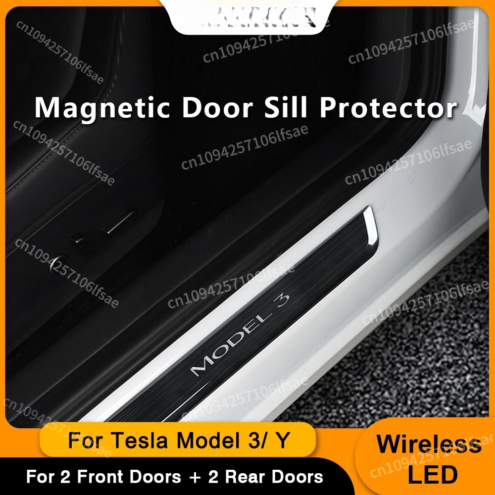 New Wireless LED illuminated Pedal Magnet Car 4xDoor Sills Protector Model Y Model 3 Door Edge Protectors For Tesla Accessories
