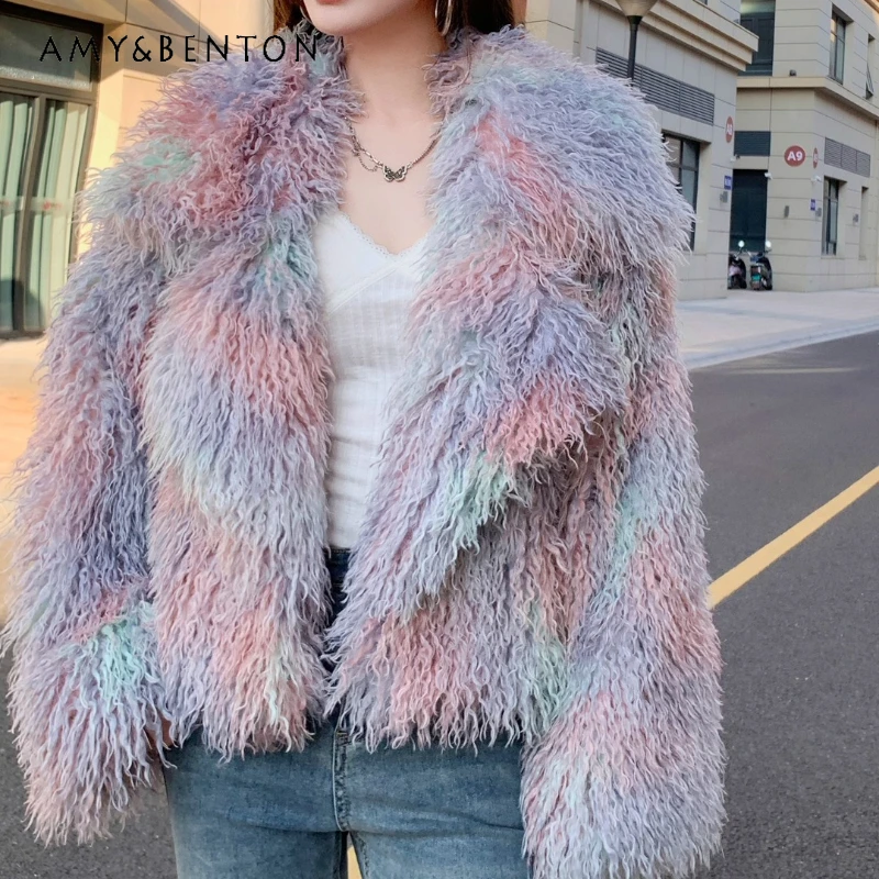 الشتاء شعبية الوردي مصبوغ وأشار طوق فو الفراء معطف الصوف طويل بدلة قصيرة التلبيب معطف المرأة Y2k سترة صوفية مريحة #5