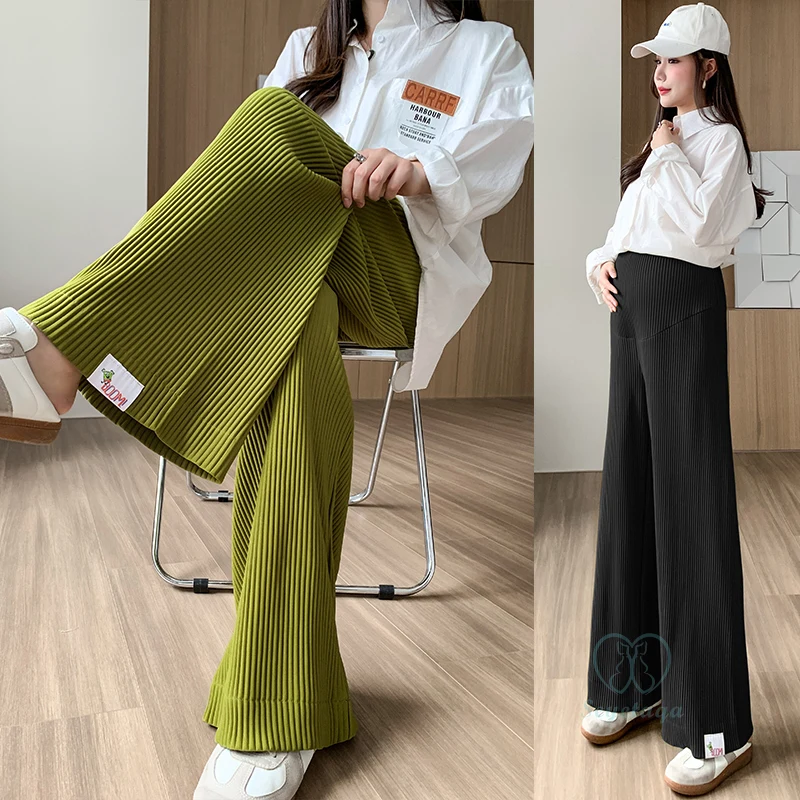 Spring Summer Fashion Pleat Chiffon Maternity Pants Wide Leg Loose Straight Belly Trousers Clothes for Pregnant Women Pregnancy