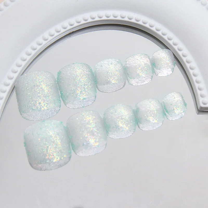 24 Stück kurze quadratische künstliche Zehennägel für Party, Hochzeit, silberglitzernde künstliche Pedikürenägel, falsche Zehennägel – Detail 3