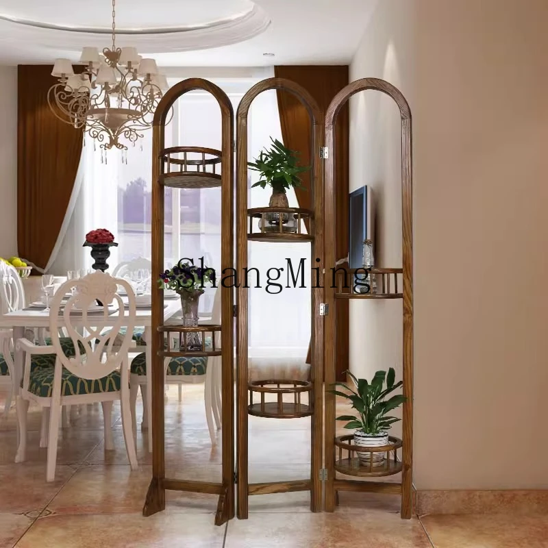 

SM stylish simple folding screen flower stand rural partition entrance living room log Chinese style