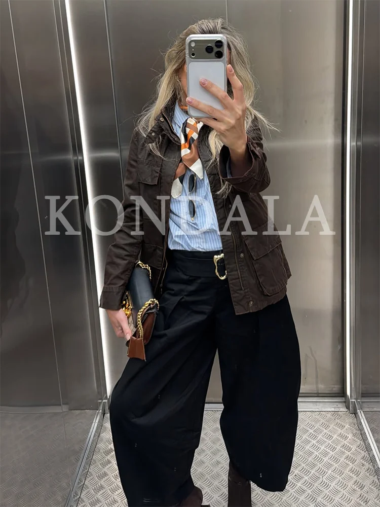KONDALA Lady Simple Black Wide Leg Pants 2026 Trends Buckle Decoration Trousers Women Spring Summer Commute Casual Cropped Pants