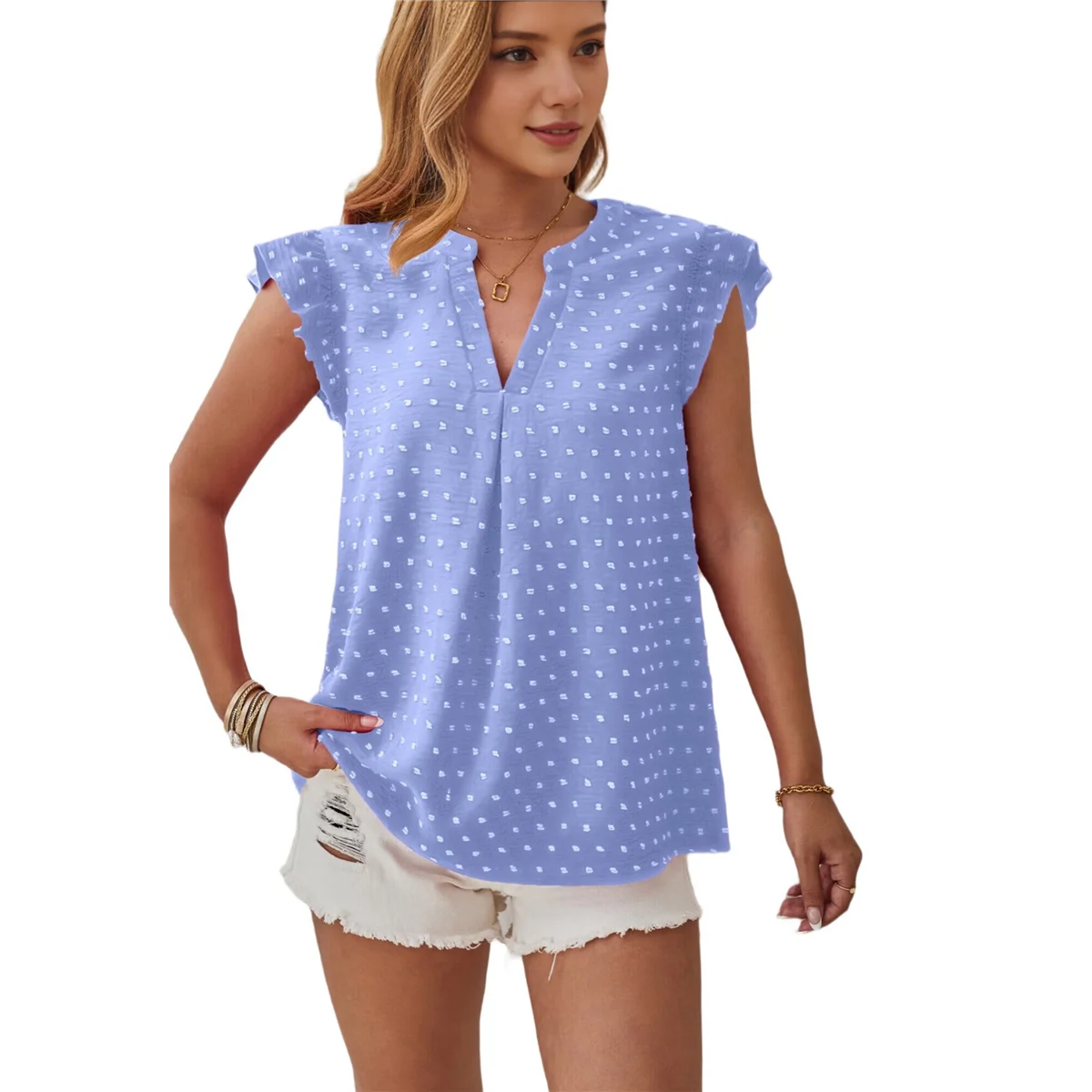 

Womens Blouse V Neck Ruffle Sleeve Flowy Shirts Dressy Casual Cute Summer Tops S