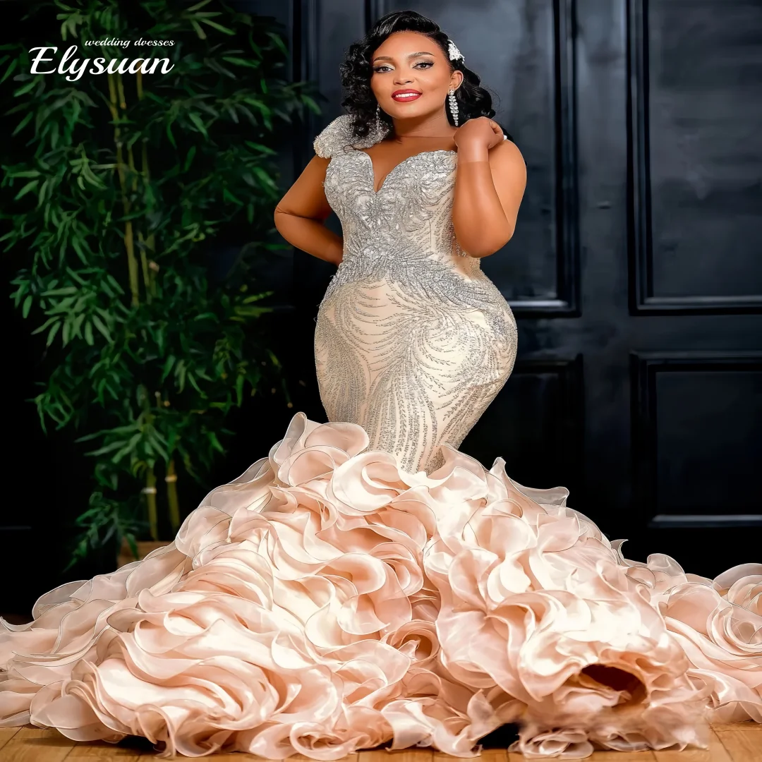 Customized African Mermaid Wedding Dress Bridal Gowns For Bride Sheer Neck Illusion Long Sleeves Appliqued Plus Size