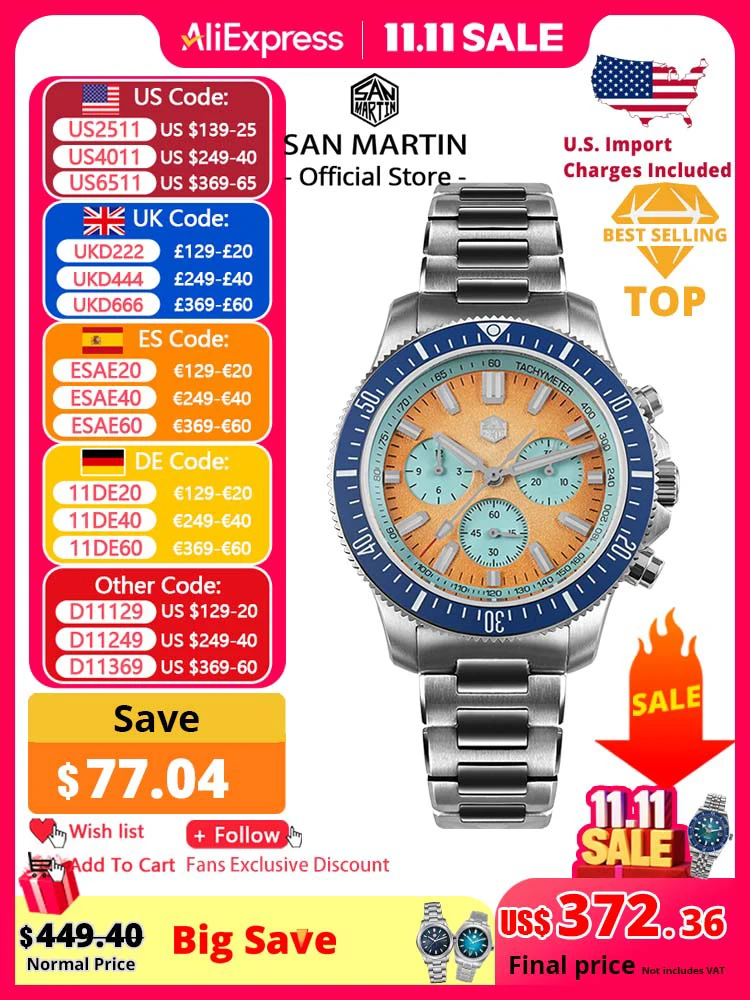 

San Martin 40mm Diver Chronograph Watch Peacock SL-4801 Automatic Movement Luxury Men Mechanical Wristwatch Waterproof SN0118