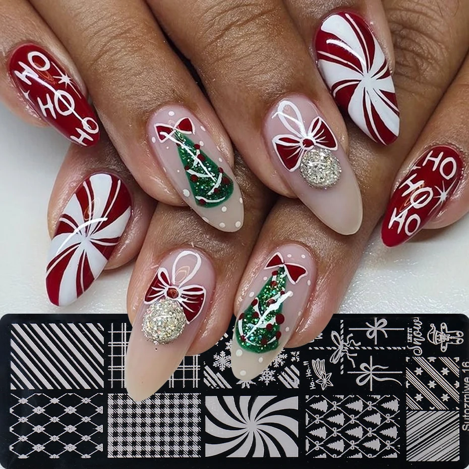 1 pcs French Christmas Nail Stamping Plate Sweet Sweater Plaid Snowflakes Bowknot Gingerbread Man Nail Templates DIY Nail Tool