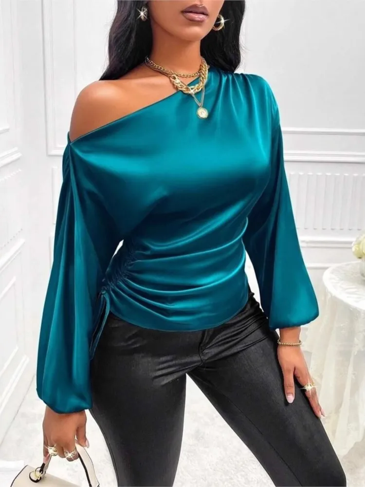 

Batwing Long Sleeve T-shirts Slant Shoulder Long Sleeve Sexy Open Shoulder Loose Blouse Fashion Sexy Backless Slim Casual Tees