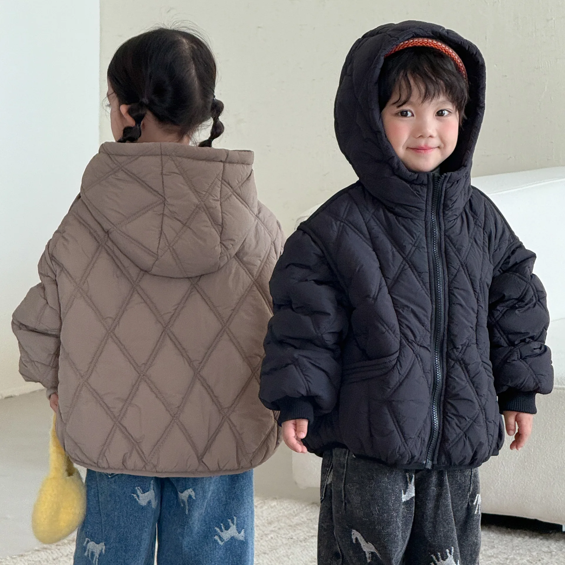Children's Cotton Coat with Thick Velvet Girls' Hooded Boys' Quilted Cotton Coat 2026 New Autumn and Winter Baby Jacket