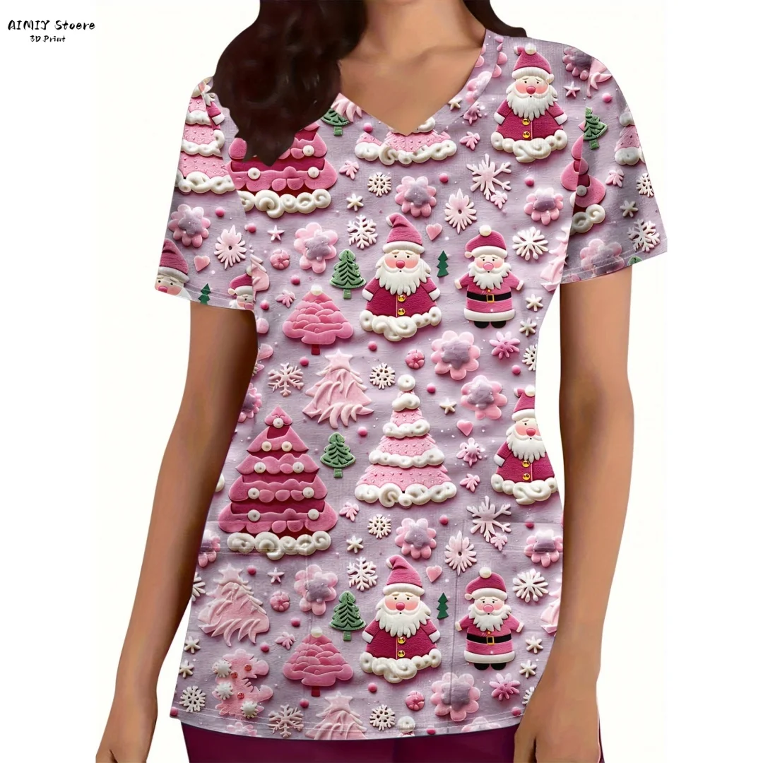 Comfortabele scrubtop met V-hals en kerstprint, functioneel gezondheidszorguniform voor dames, perfect voor ziekenhuizen en tandheelkundig kantoor ﻿