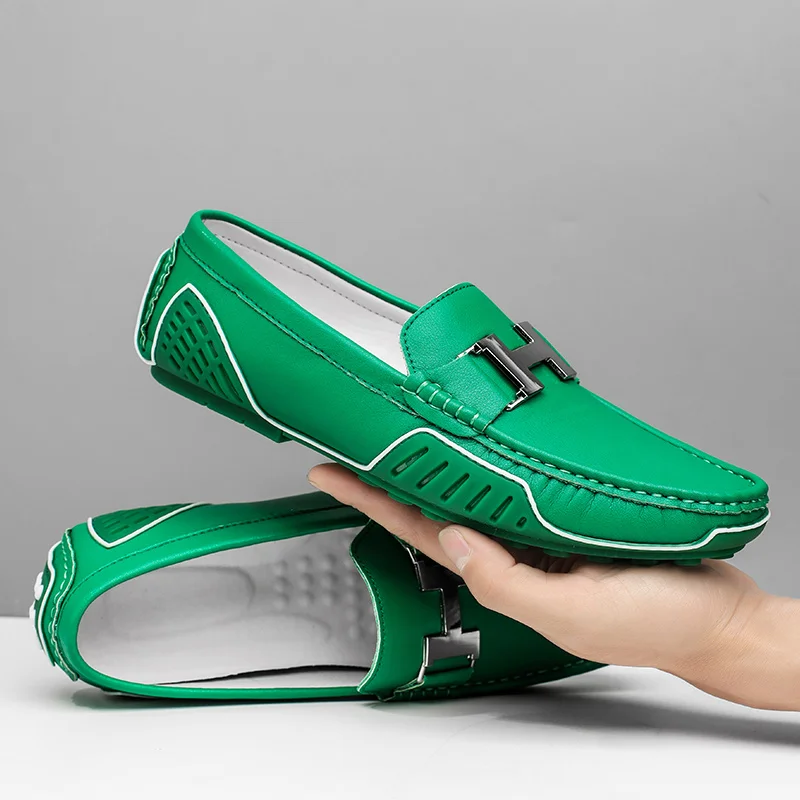 

High Quality Green Brand Shoes Men Loafers Comfortable Leather Luxury Man Shoes Slip-on Flat Driving Shoes Male Casual Moccasins