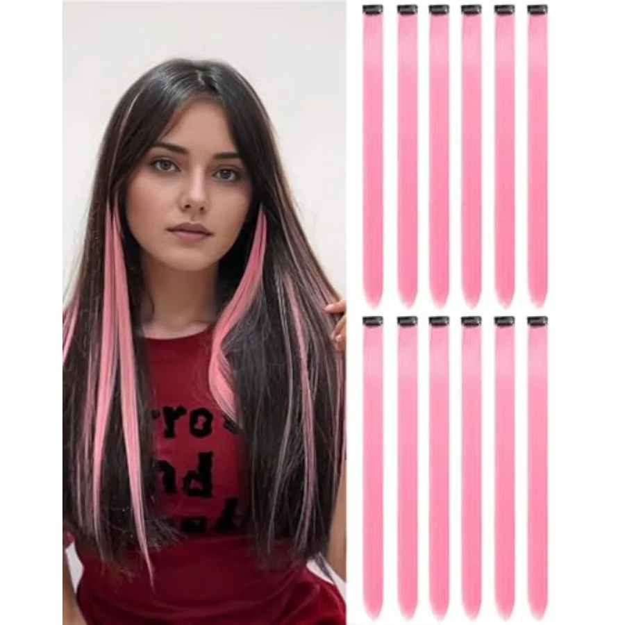 

22 Inch Synthetic Hair Extensions for Party and Halloween Use, Clip-in Style, Colored Highlights, 12 Pcs Set