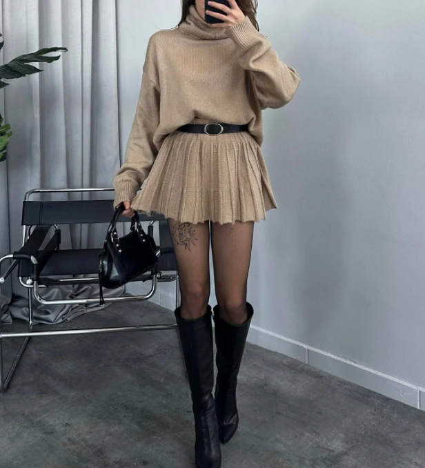 Women\'s Sweet Style Suits 2025 Autumn Winter Latest Solid Half High Collar Round Neck Loose Long Sleeves Top Simple Skirt Set