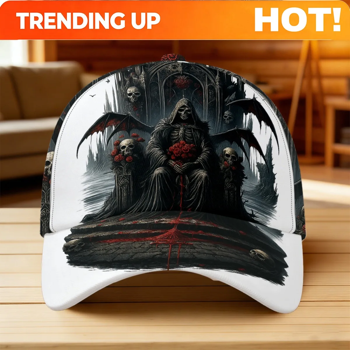 Customization 1pc Featuring A Gothic Grim Reaper Throne Design, This All-Over Print Duckbill Hat Is Ideal For Street And Outdoor