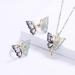 925 Silver Retro Palace Gold Oil Painting Butterfly Epoxy Ring Necklace Set Ladies Exquisite Bow Jewelry Party Birthday Gift