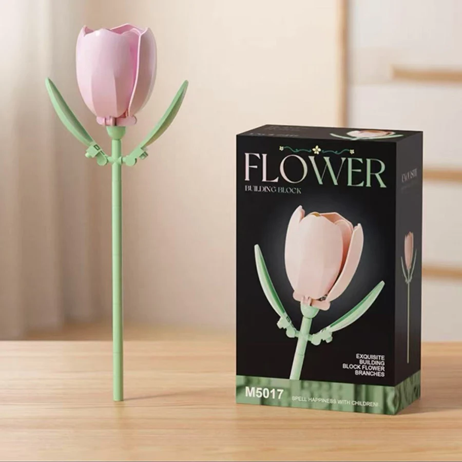 Four building block flowers form a group. Roses, hibiscus, tulips building blocks flowers. Beautiful desktop decorations,gifts.