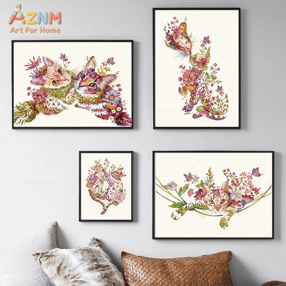 AZNM Floral Cat Canvas Wall Art Colorful Wild Flower Butterfly Kitten Watercolor Print Unframed Canvas Boho Living Room Bedroom
