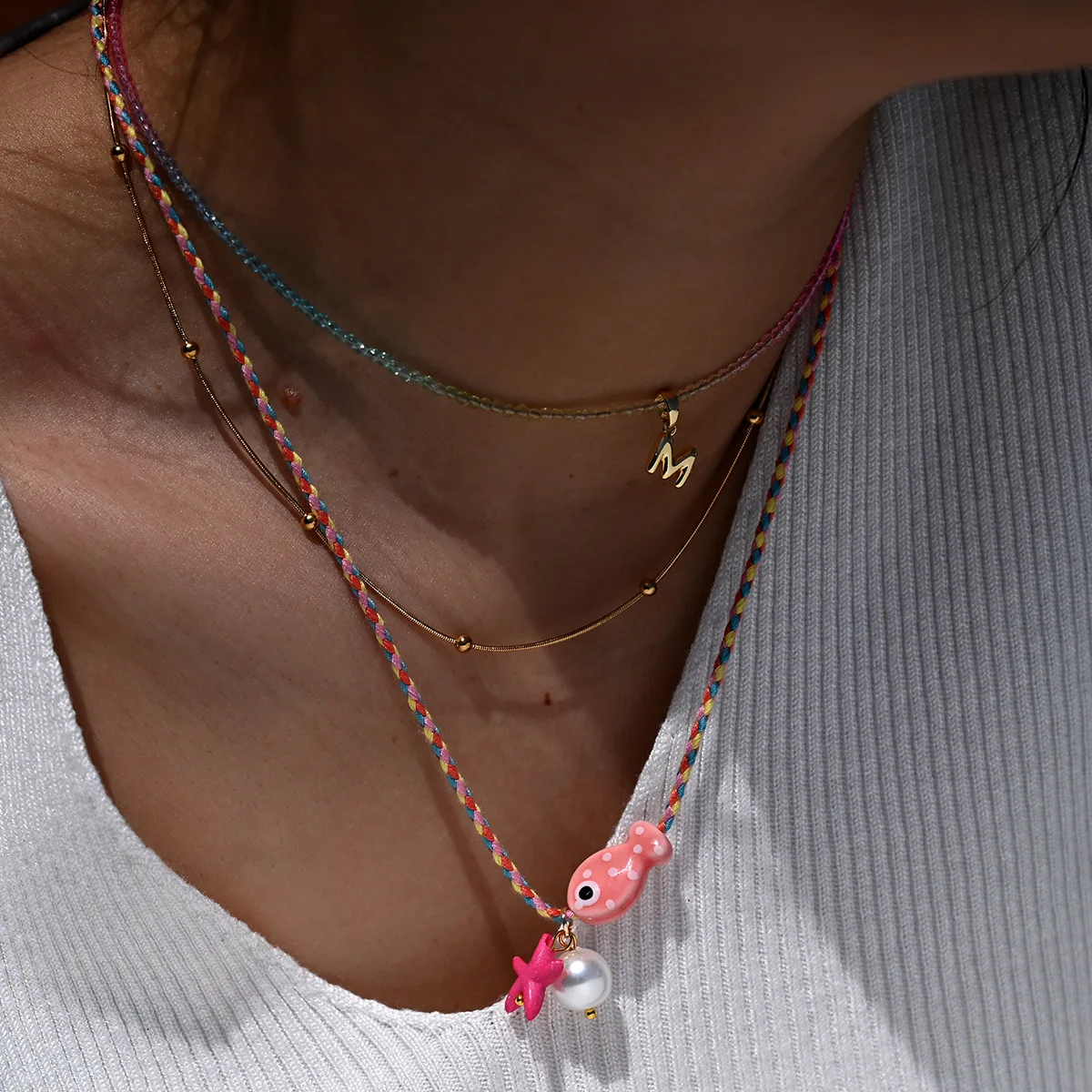 Colorful Bohemian Ceramic Fish Pendant Necklace for Women Adjustable Multicolored Rope Choker, Perfect for Summer Beach Vacation