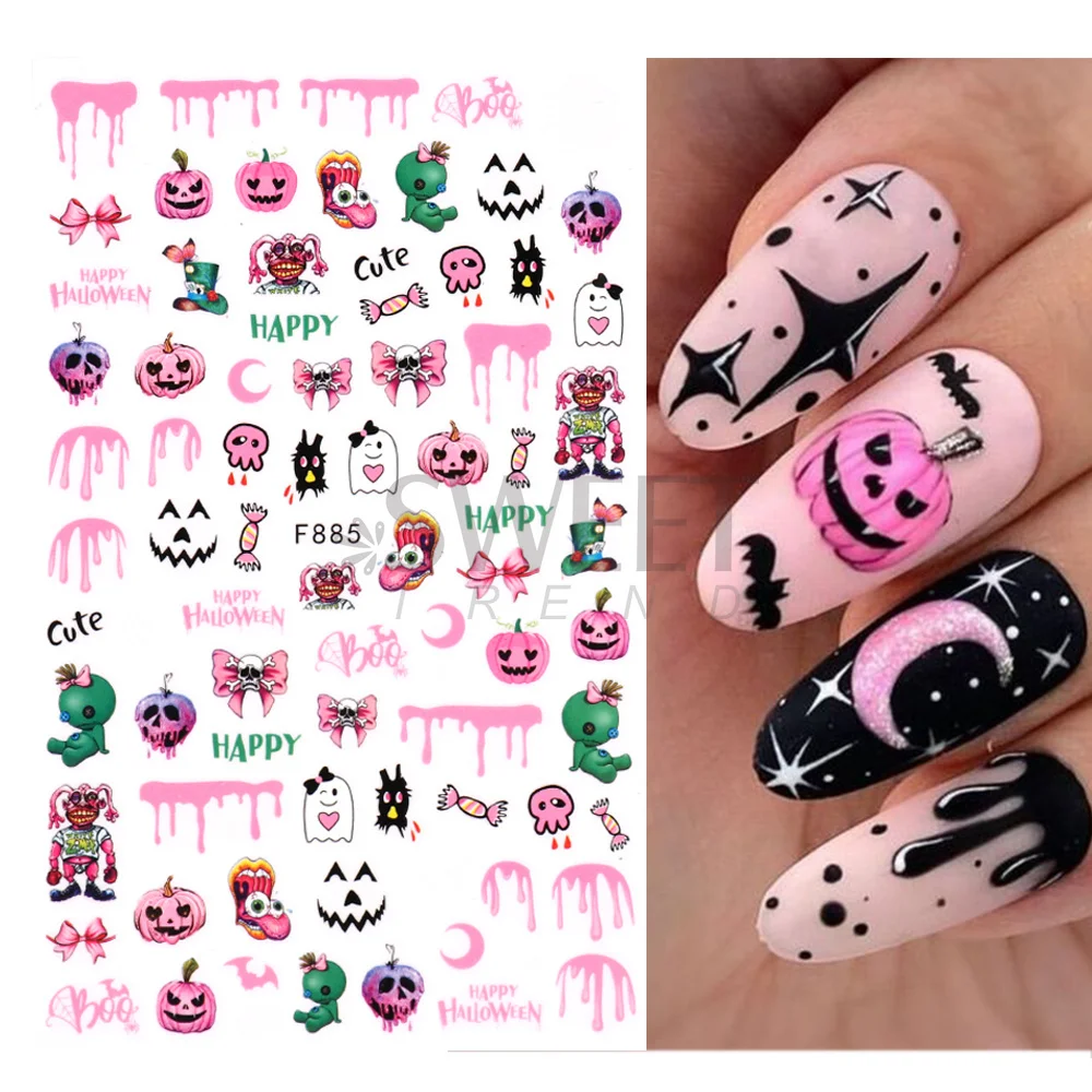 3D Halloween Schedel Nail Art Stickers Leuke Pompoen Horror Ghost Decals Druipende Bot Vleermuis DIY Manicure Slides Decoratie Tips JIF