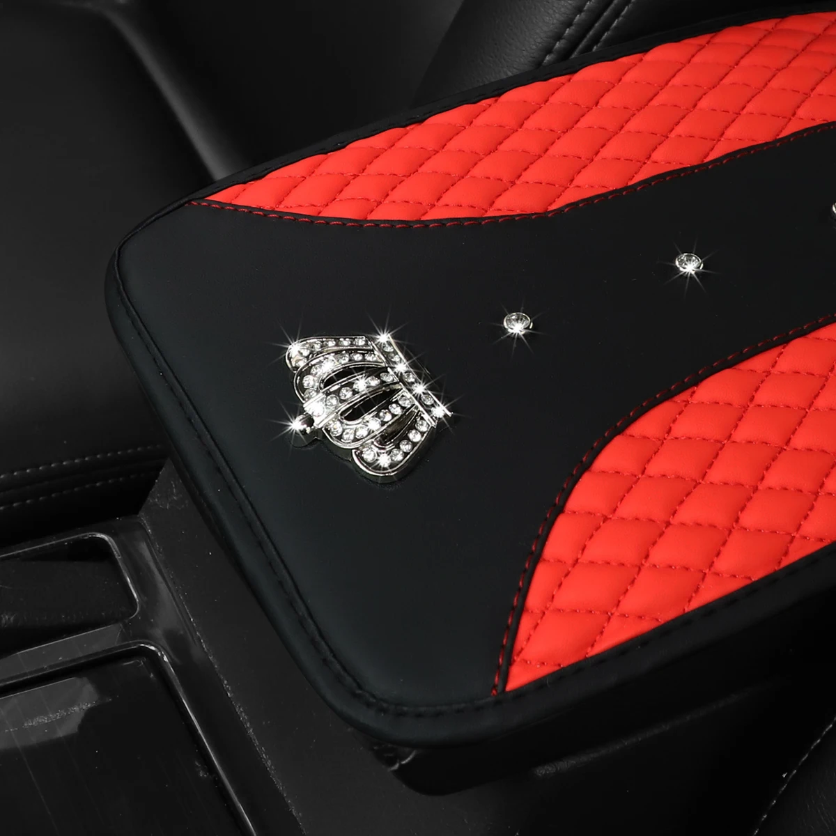 1 Car Armrest Pad with Artificial Diamond Blingbling Metal Crown Artificial Sheepskin Embroidered Waterproof Comfort Car Supplie