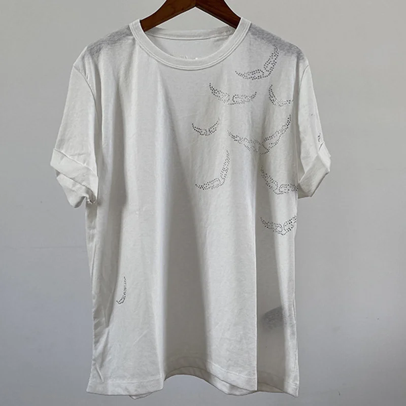 

Женская белая футболка с круглым вырезом, футболки с бриллиантами и крыльями, женские свободные хлопковые футболки с короткими рукавами, летние топы, повседневная женская черная футболка