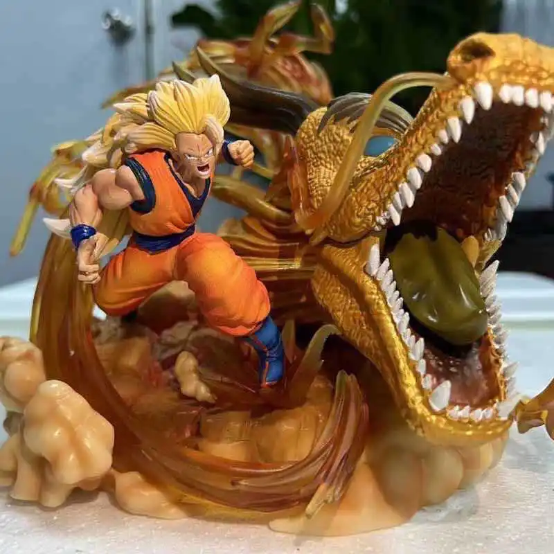 25cm Dragon Ball Son Goku Shenron Action Figurine Super Saiyan 3 Goku Anime Statue Desk Ornament Doll Bedroom Collect Toys Gifts