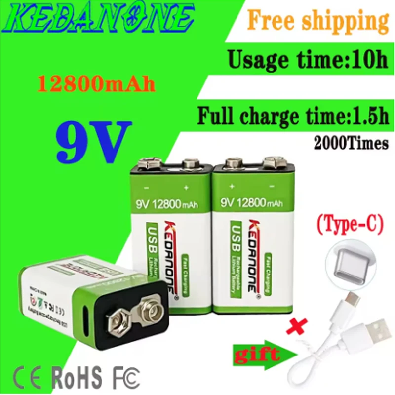 High-Capacity 12800mAh 9V Rechargeable Li-ion Battery for Multimeters, Microphones, Toys, Remote Controls & Electric Guitars