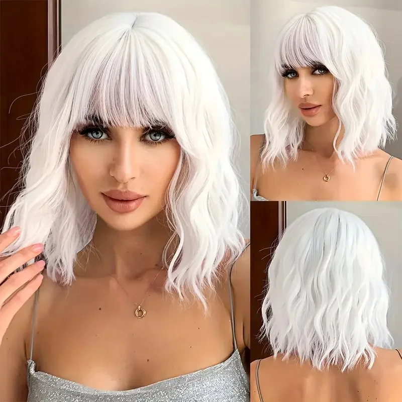 

Silver White Short Roll Synthetic Wig Lolita Can Beveled Mid-split Fashionable Water Wave Curly Wig Women's Wig