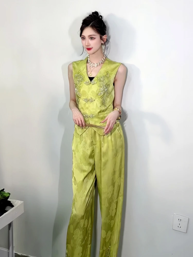 

Women's 2025 summer new Chinese style buckle vest wide leg pants fashion elegant design sense temperament two-piece set