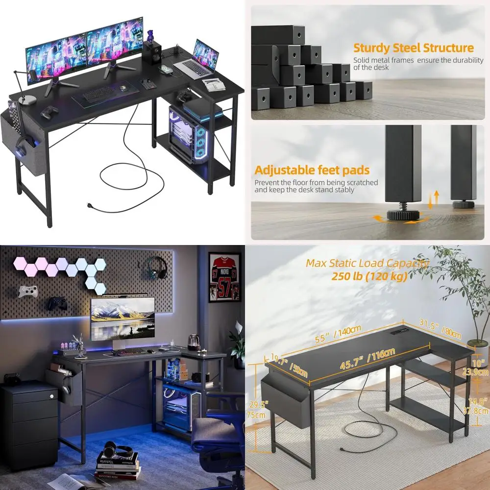Compact 55 L-Shaped Computer Desk with Power Outlets, Ideal for Gaming and Studying in Small Spaces, Black