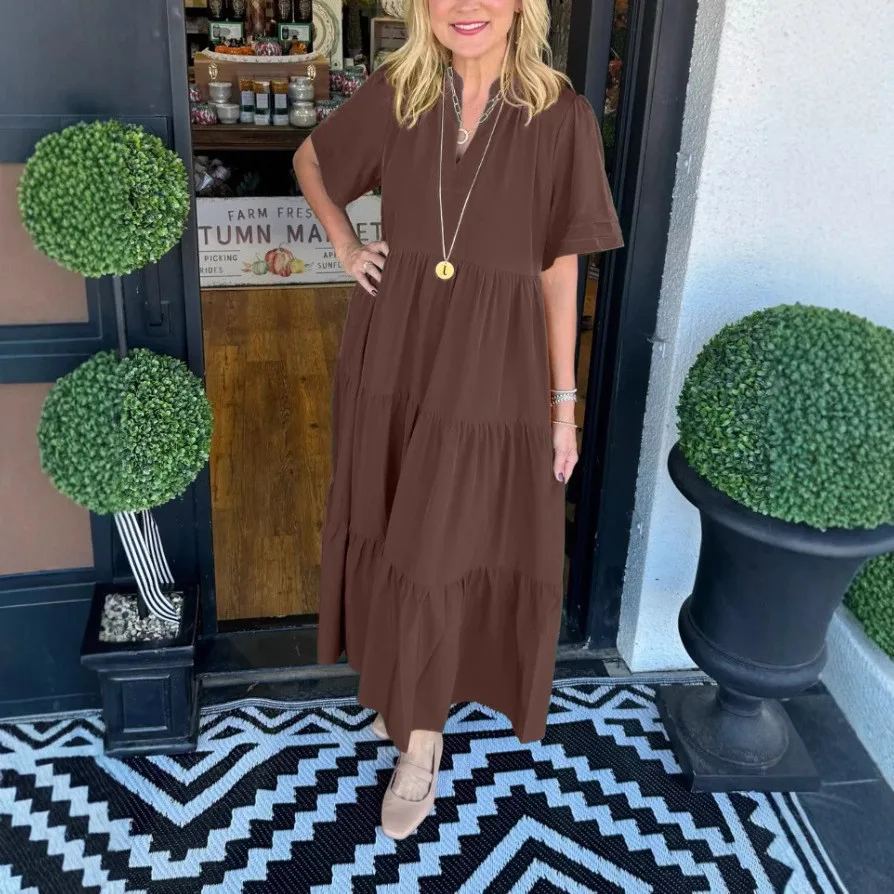 Nova moda feminina com decote em v em camadas bolso comprimento médio vestido feminino cor sólida manga curta solto vestido casual feminino