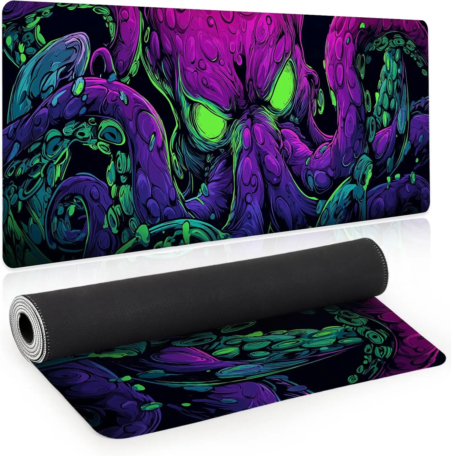 Vibrant Sea Monster Gaming Desk Pad,Psychedelic Purple‑Green Octopus Art Design,Non‑Slip Mouse Mat For Laptop PC Home Office Use
