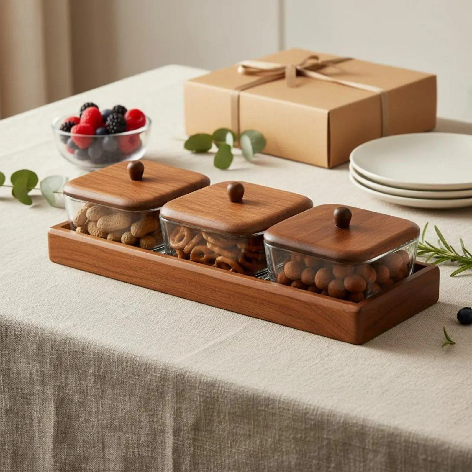 Glass Relish Dish Set with Wooden Tray Keeps Food Crisp & Dustproof for Parties