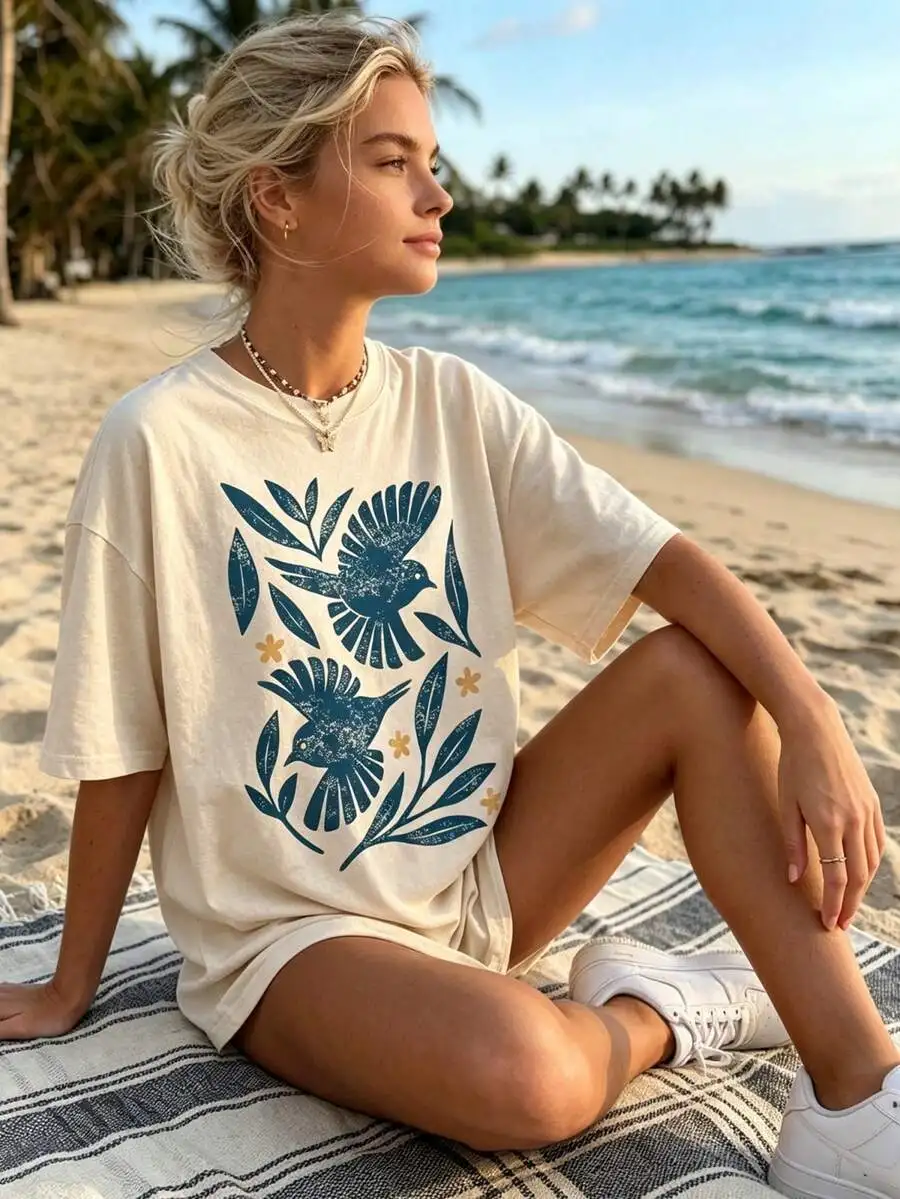 Retro Botanical Birds Shirt - Vintage Bird Graphic Tee - Nature Lover Bird T-Shirt Boho Summer Streetwear Summer Top
