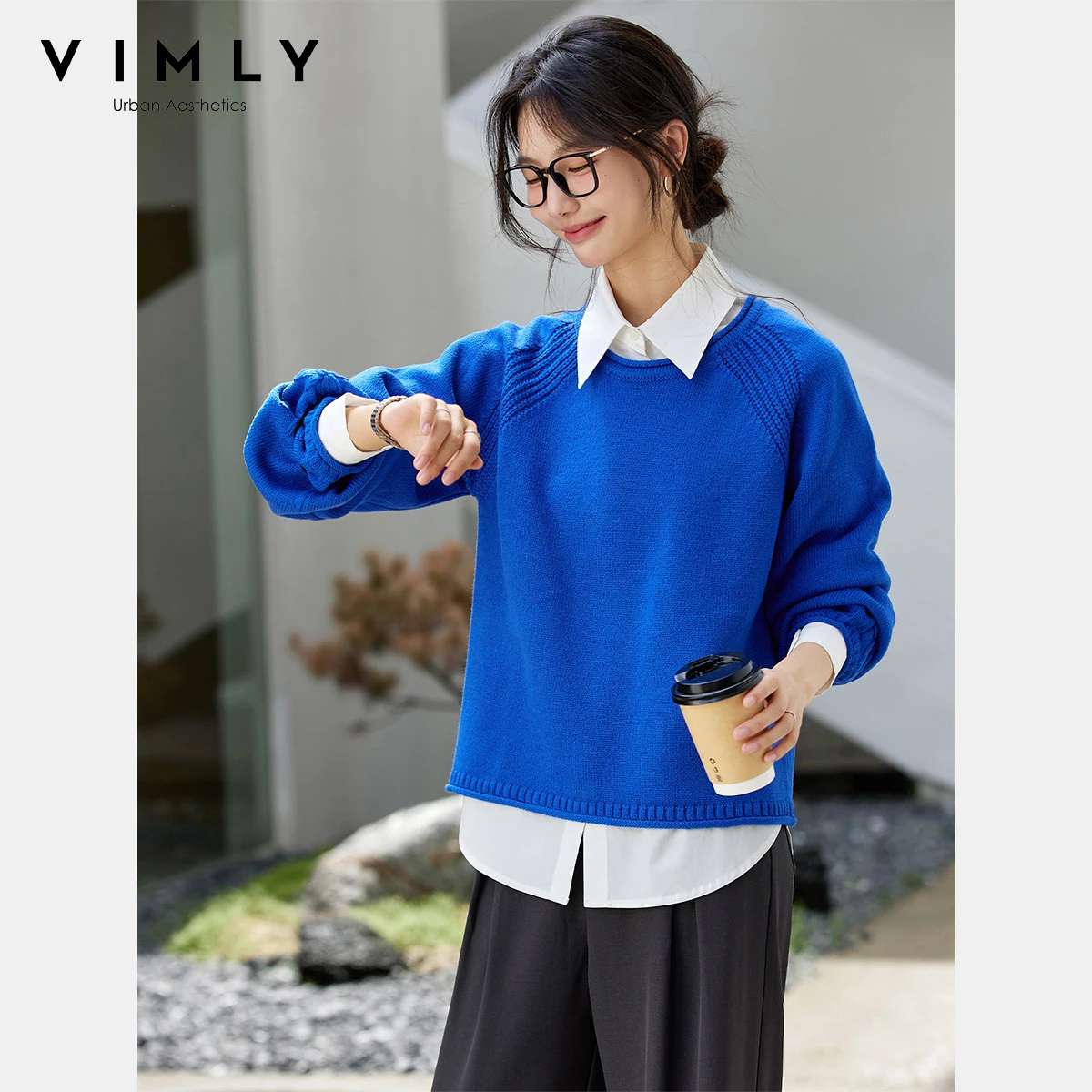 

VIMLY женский вязаный свитер, осень 2024, синие пуловеры с цветочным принтом и крючком на манжетах, повседневные женские пуловеры с круглым вырезом и длинными рукавами 75068