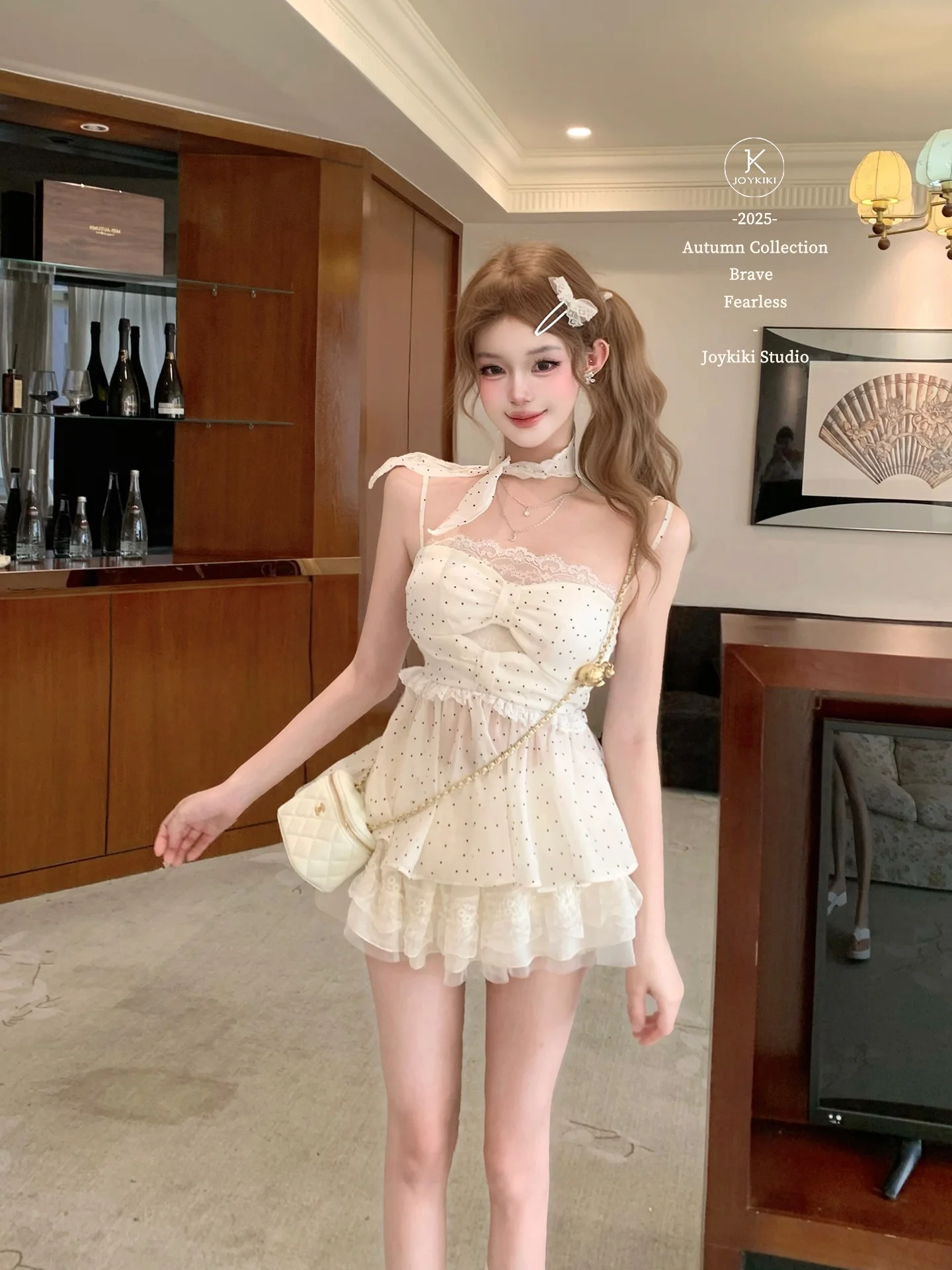 

Joykiki Pure Desire Polka Dot Halter Top And Princess Skirt Set Summer Vacation Outfit for Girls High Waist Knot