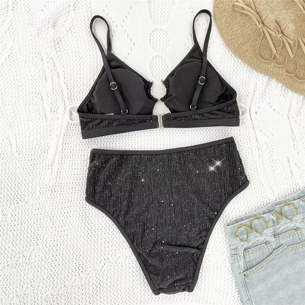 Zwart Glanzend Effen Badmode Hoge Taille Bikini Sets De Mujer 2025, Push Up Hollow Out Sexy Badpak Vrouwen Metalen Ring Bikini