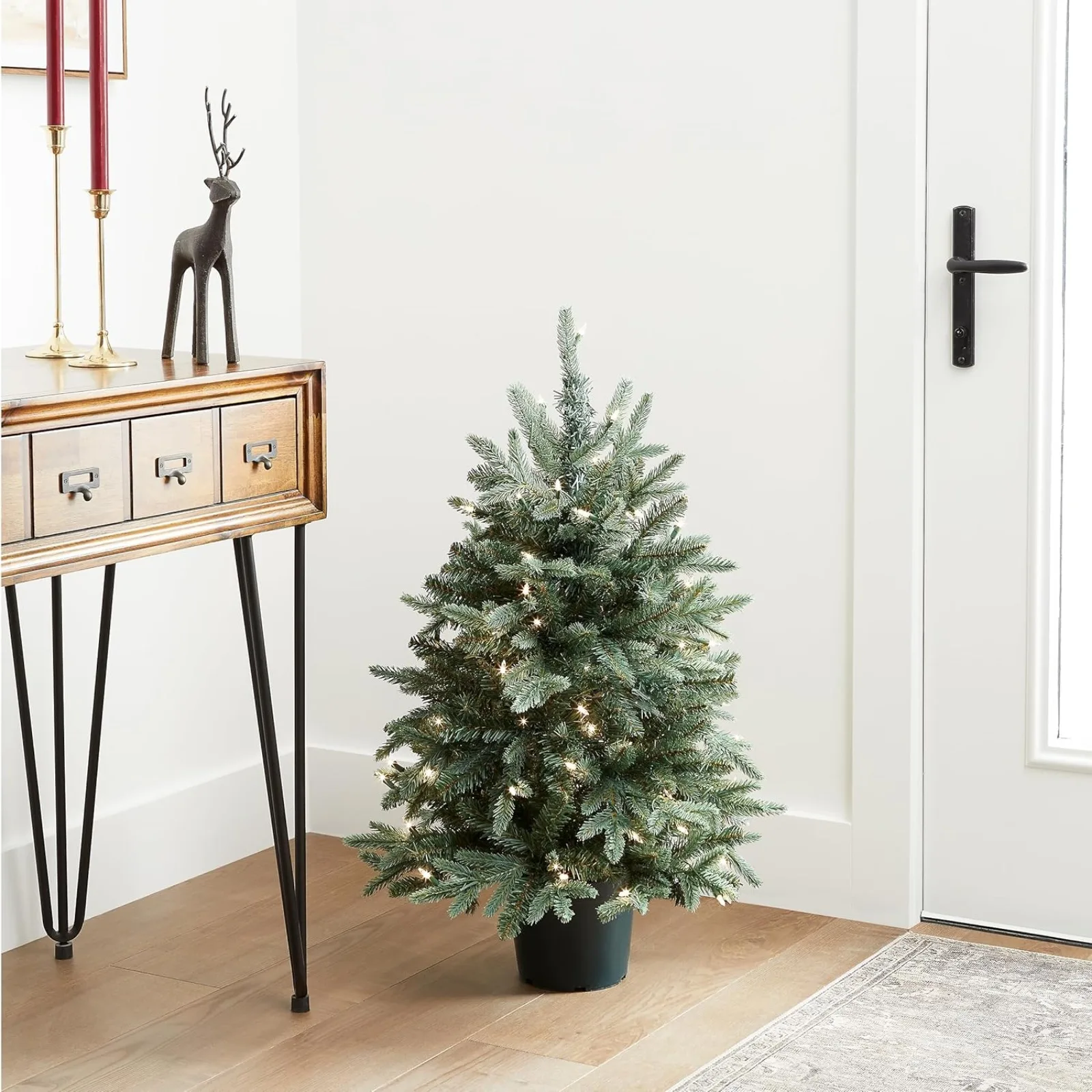 US Artificial Christmas Tree For Entrances | Includes White Lights and Pot | Everyday Collections - 3 ft