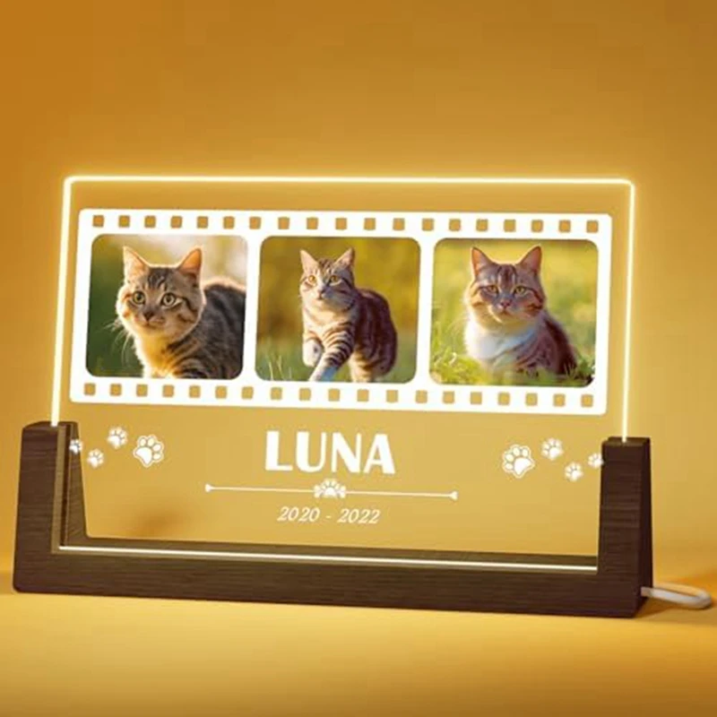 Wooden U-Shaped Luminous Base Display Frame Wooden Frame LED Personalized Cat Memorial Gifts For Loss Of Cat