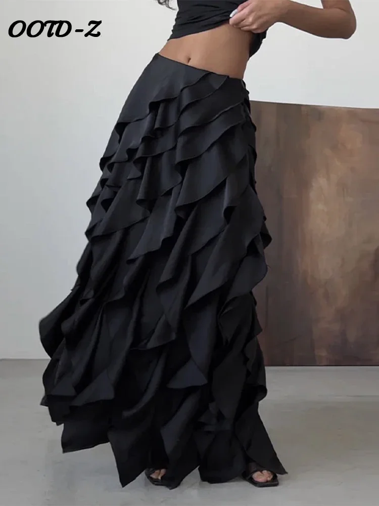 

Solid Ruffled A-line Women Skirt With Layered Feeling Loose Fashion 2025 Spring Summer High Street Trend Female's Maxi Dress