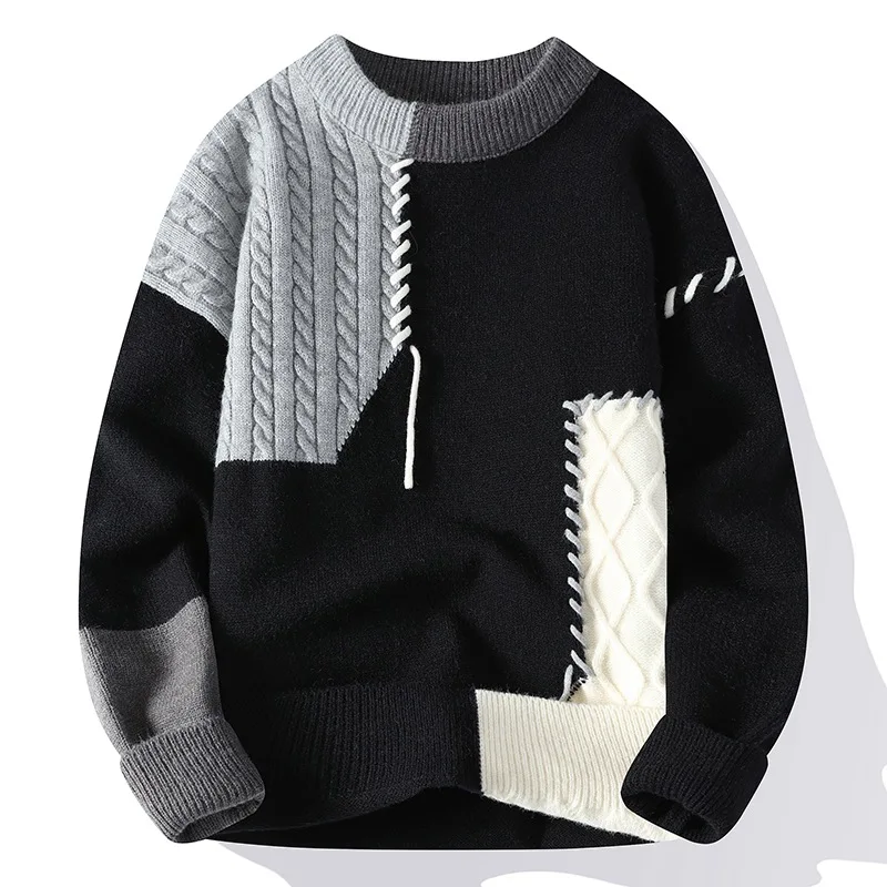 Men's Sweater Crew Neck Pullover Knitted Sweater Stitching Long Sleeve Tops Autumn and Winter Men Clothes